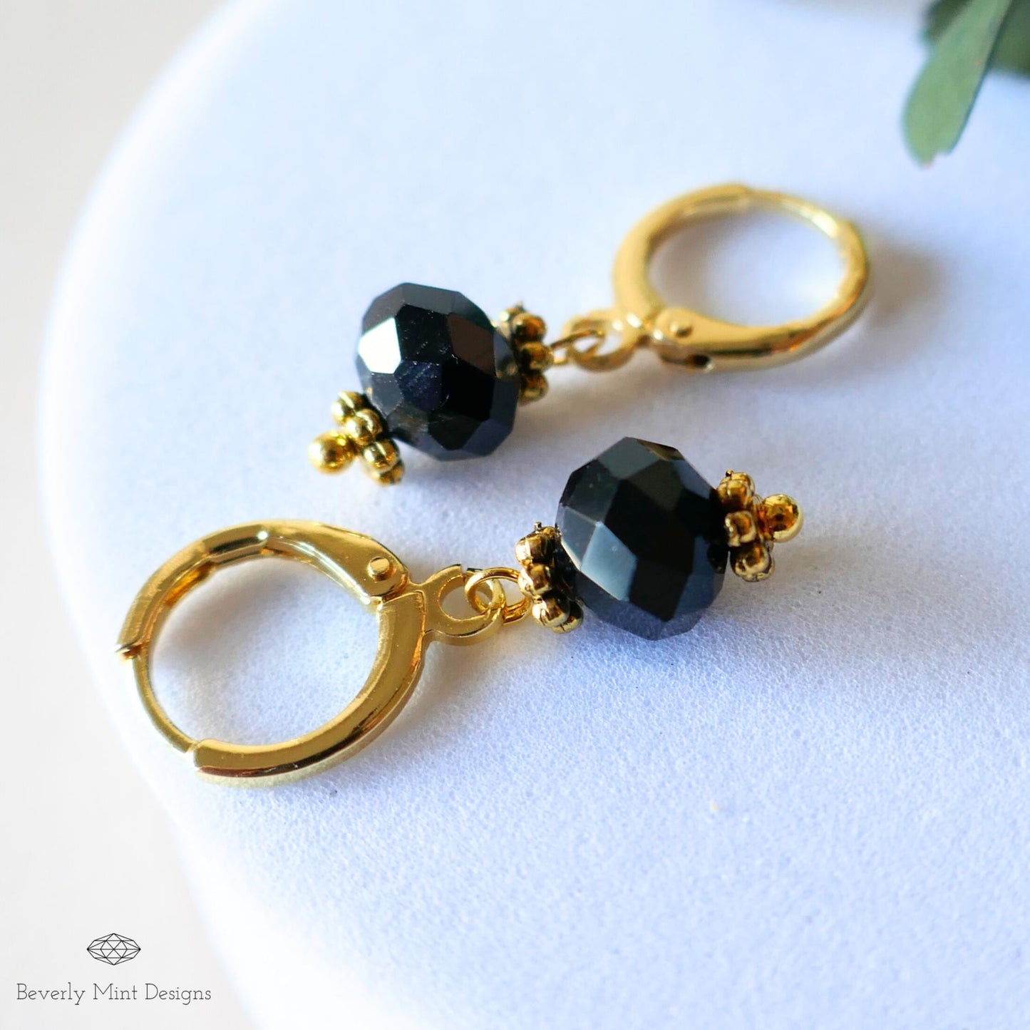 Black Bead Drop Earrings, Gold Huggie Hoop Earrings, Dainty Black Earrings, Minimalist Jewelry, Gift for Her, Evening Earrings, Light Weight