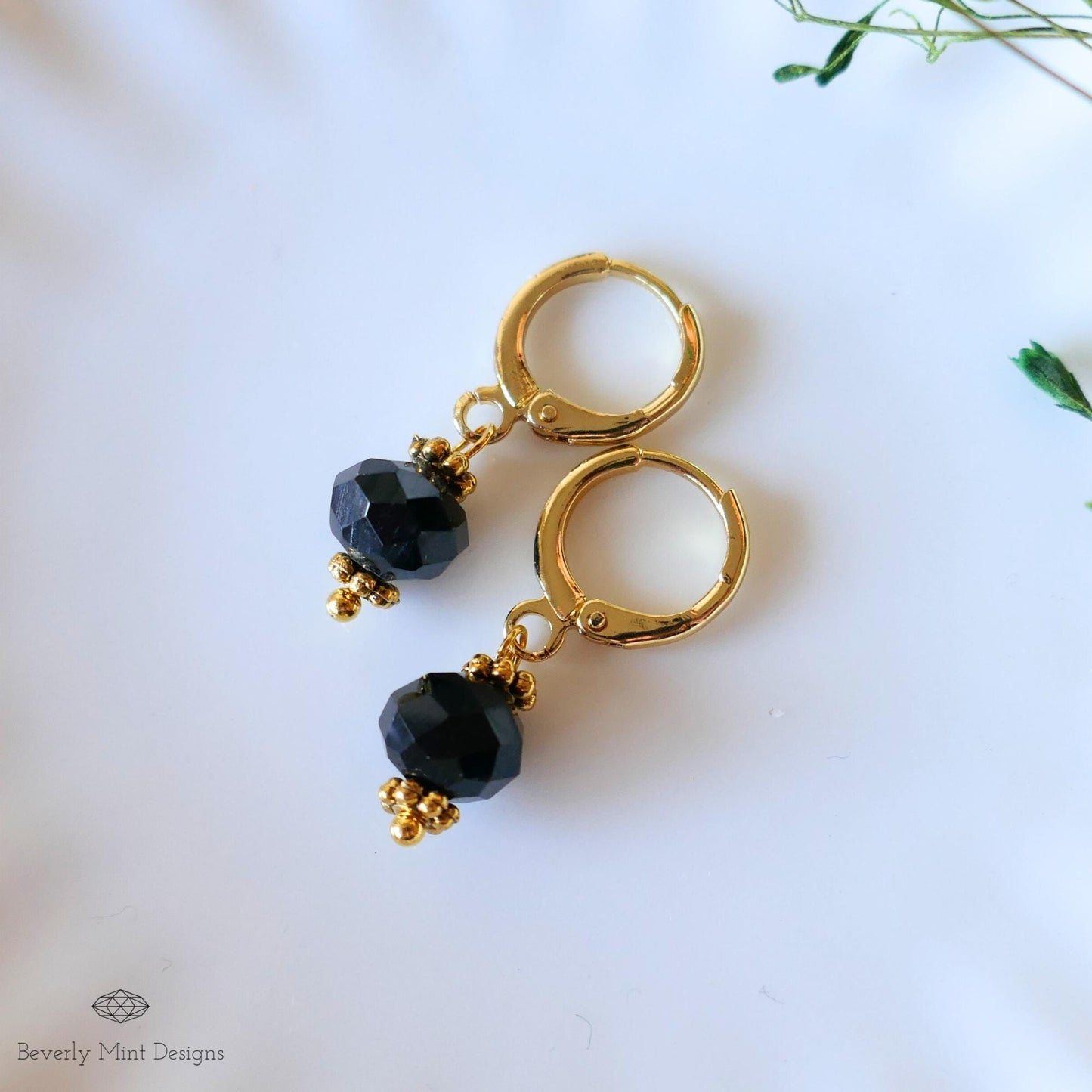 Black Bead Drop Earrings, Gold Huggie Hoop Earrings, Dainty Black Earrings, Minimalist Jewelry, Gift for Her, Evening Earrings, Light Weight