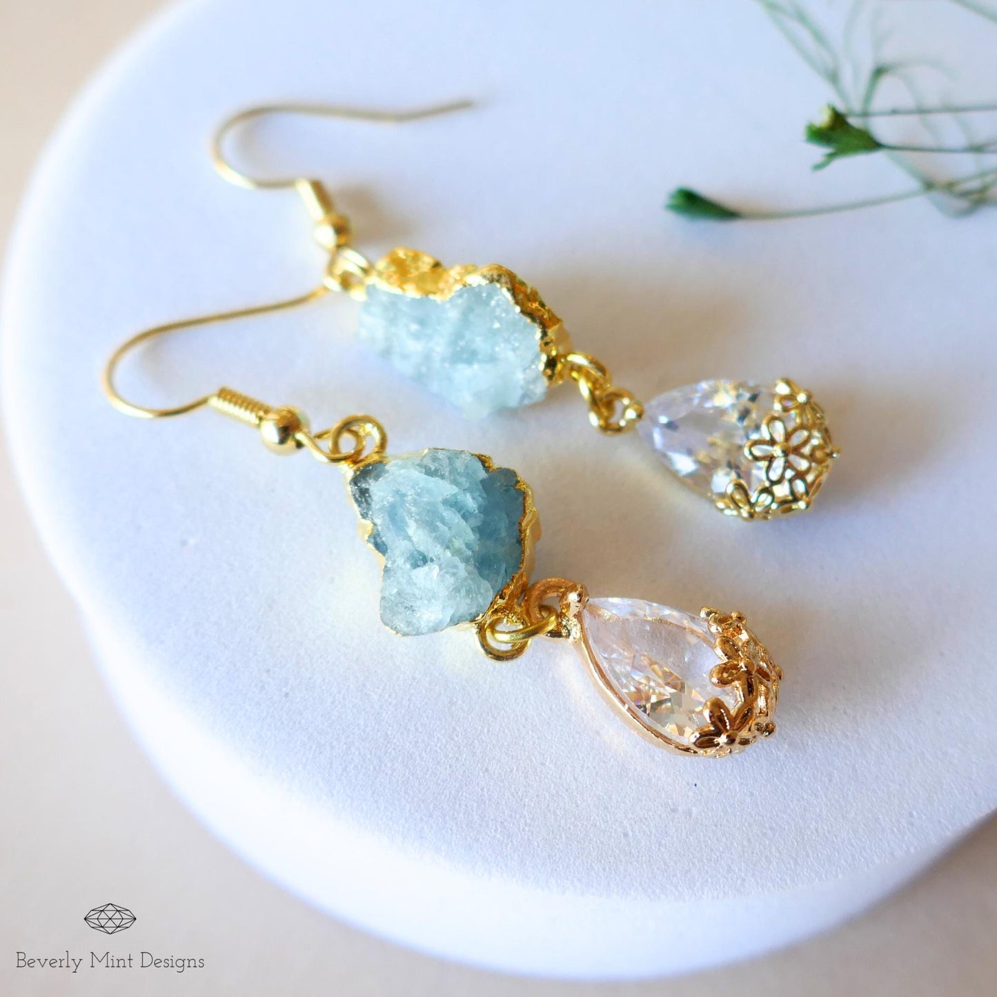 Raw Aquamarine Earrings, Blue Crystal Drop Earrings, Gold Dangle Earrings, March Birthstone Jewelry, Boho Bridal Earrings, Gift for Her