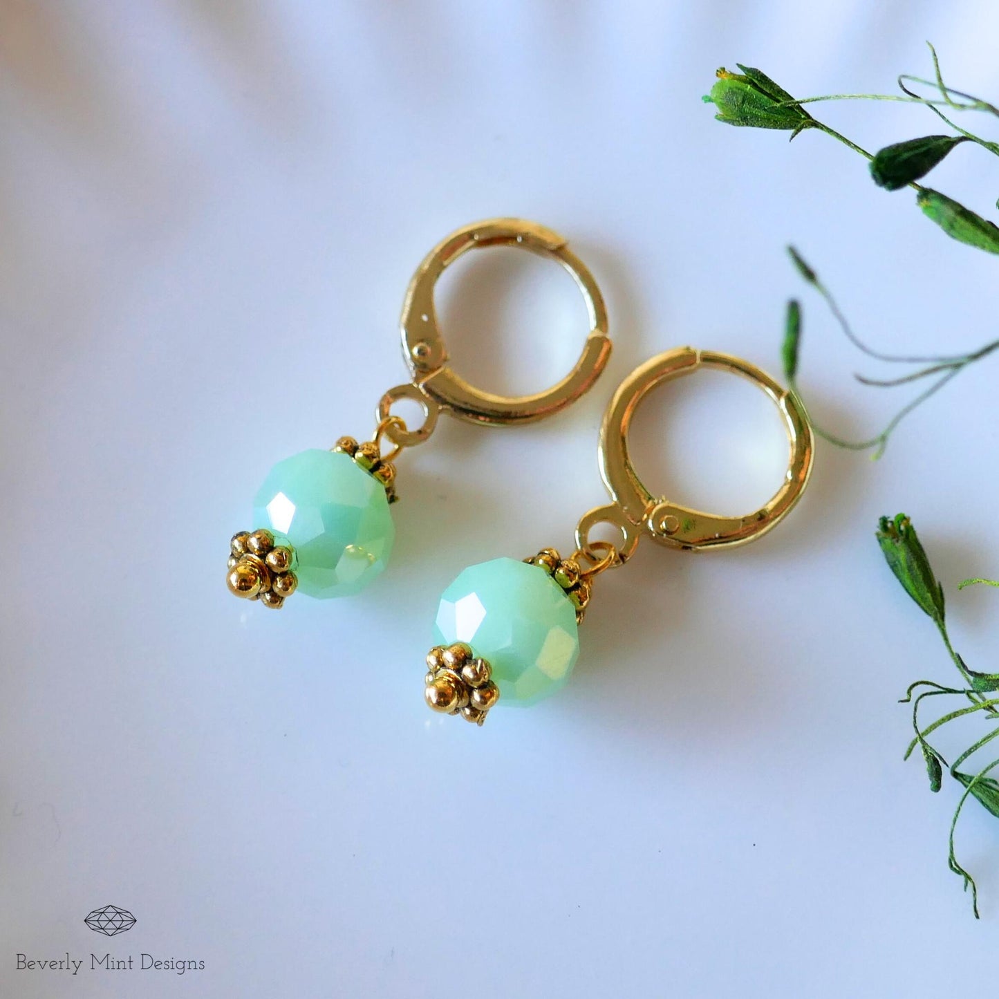 Mint Green Drop Earrings, Gold Plated Huggie Hoops, Dainty Green Earrings, Pastel Bead Earrings, Spring Jewelry, Gift for Her