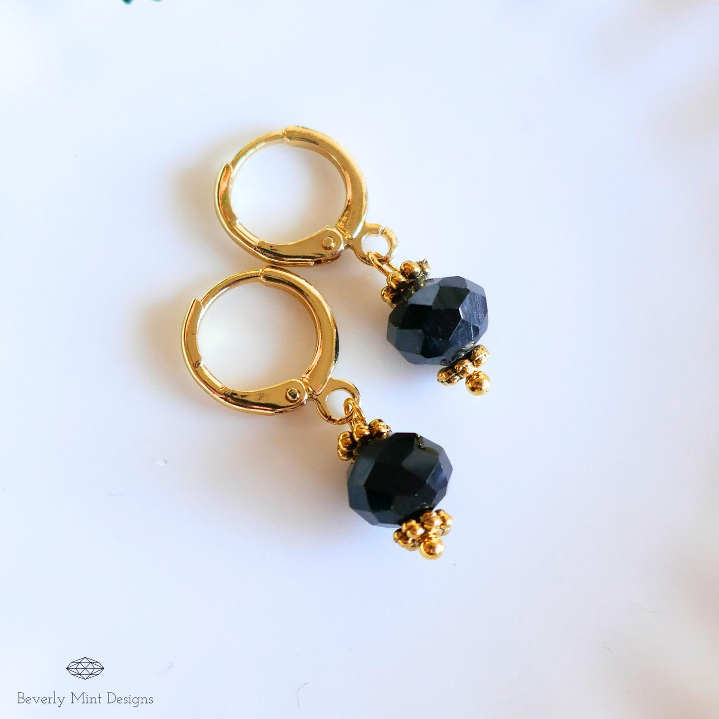 Black Bead Drop Earrings, Gold Huggie Hoop Earrings, Dainty Black Earrings, Minimalist Jewelry, Gift for Her, Evening Earrings, Light Weight