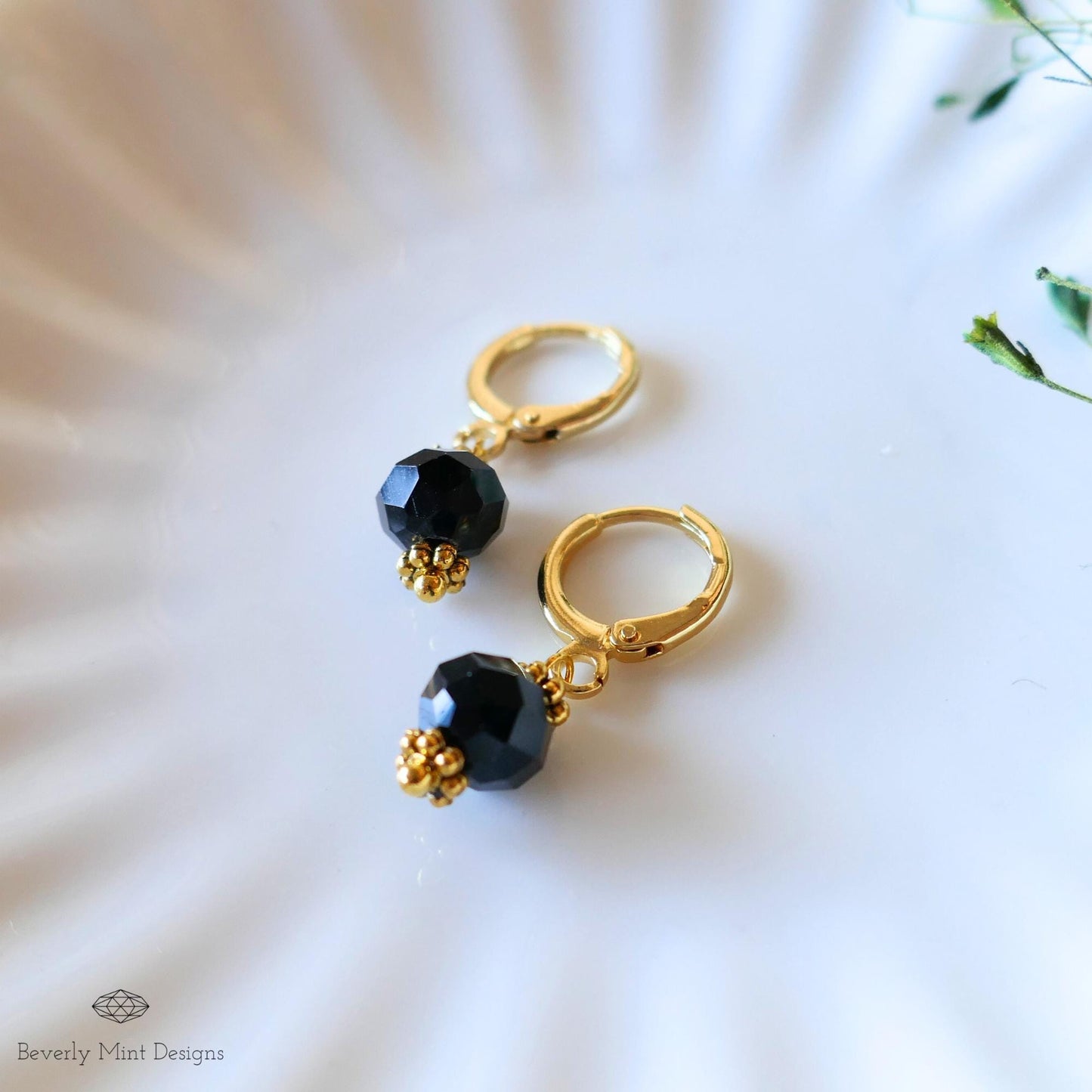 Black Bead Drop Earrings, Gold Huggie Hoop Earrings, Dainty Black Earrings, Minimalist Jewelry, Gift for Her, Evening Earrings, Light Weight