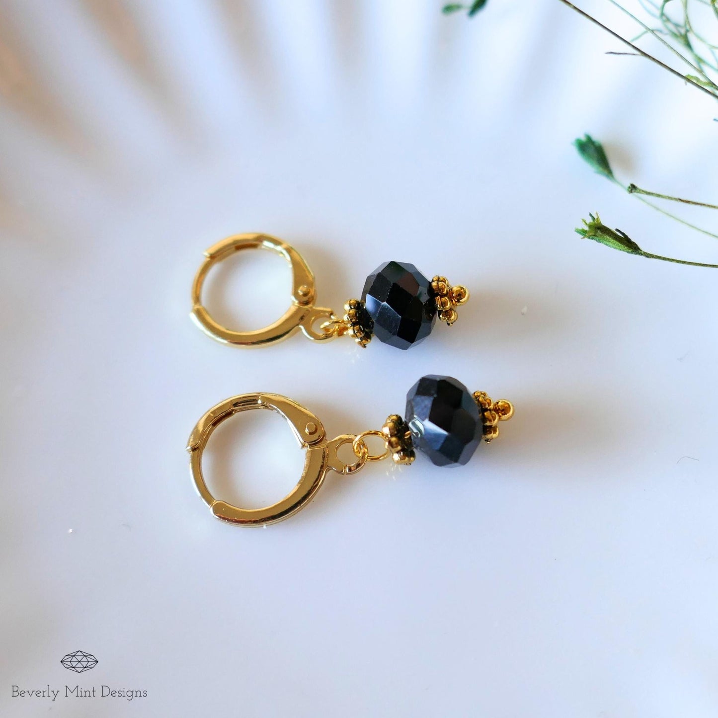 Black Bead Drop Earrings, Gold Huggie Hoop Earrings, Dainty Black Earrings, Minimalist Jewelry, Gift for Her, Evening Earrings, Light Weight