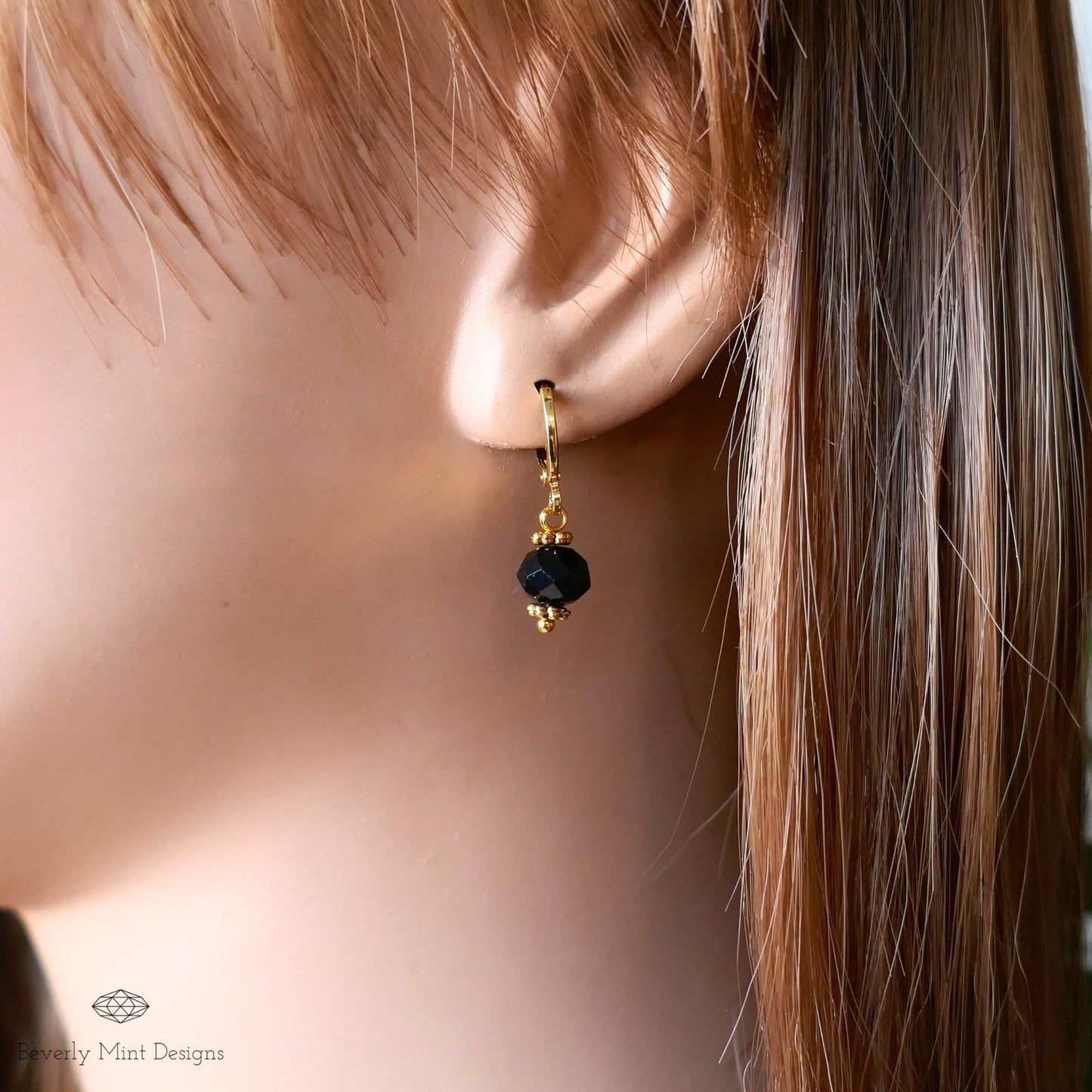 Black Bead Drop Earrings, Gold Huggie Hoop Earrings, Dainty Black Earrings, Minimalist Jewelry, Gift for Her, Evening Earrings, Light Weight
