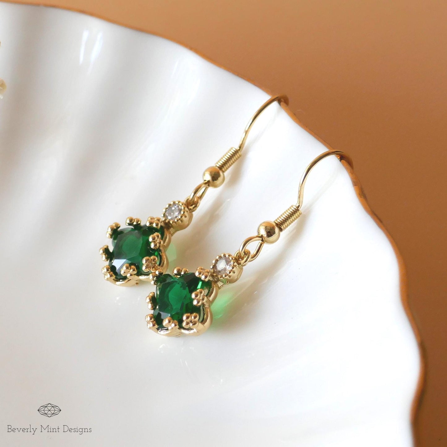 Emerald Green Small Charm Earrings, Green Earrings, 18K Gold Drop & Dangle Earrings, Minimalist Jewelry, Bridesmaids Gift, Anniversary Gift