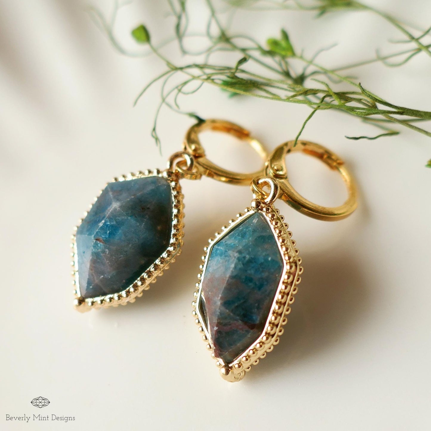 Blue Apatite Gold Hoop Earrings, Faceted Gemstone Earrings, Bold Dangle Earrings, Gift for Her, Healing Stone Jewelry, Statement Earrings
