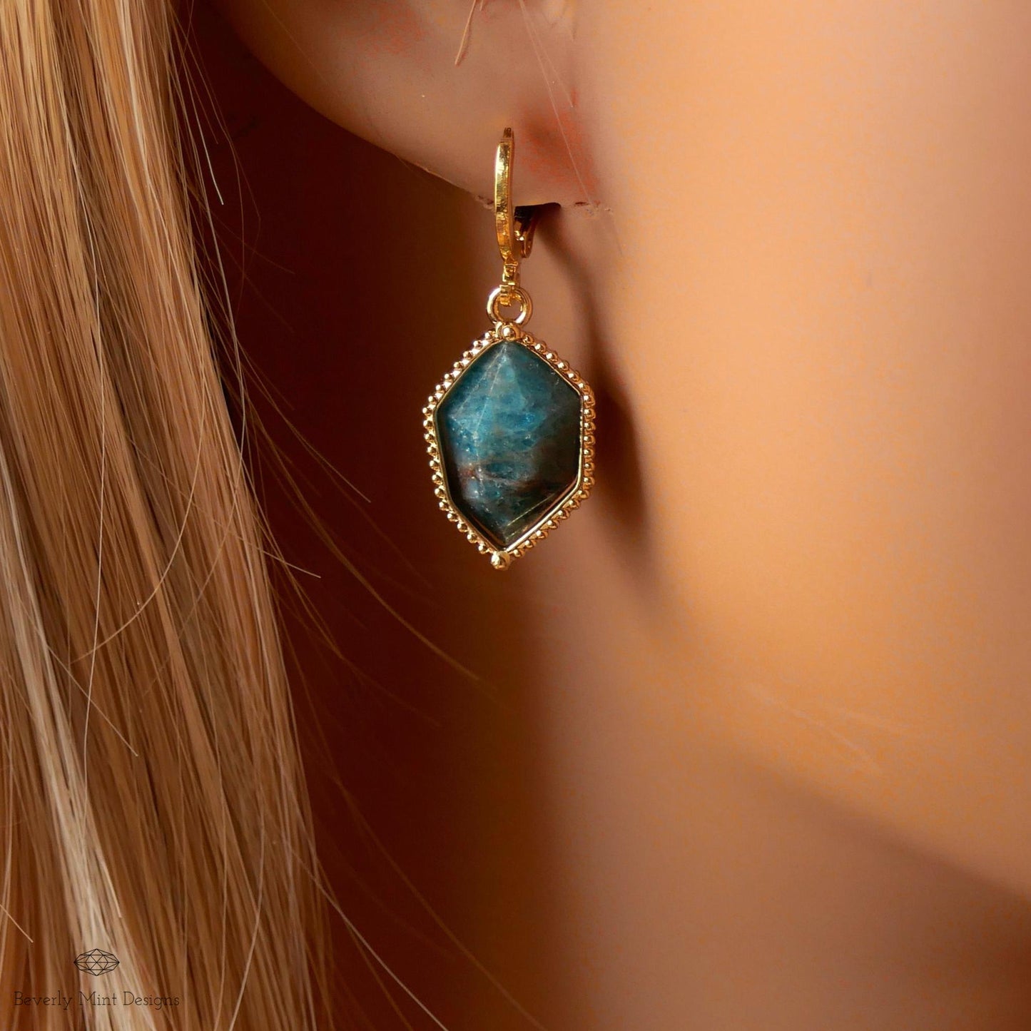 Blue Apatite Gold Hoop Earrings, Faceted Gemstone Earrings, Bold Dangle Earrings, Gift for Her, Healing Stone Jewelry, Statement Earrings