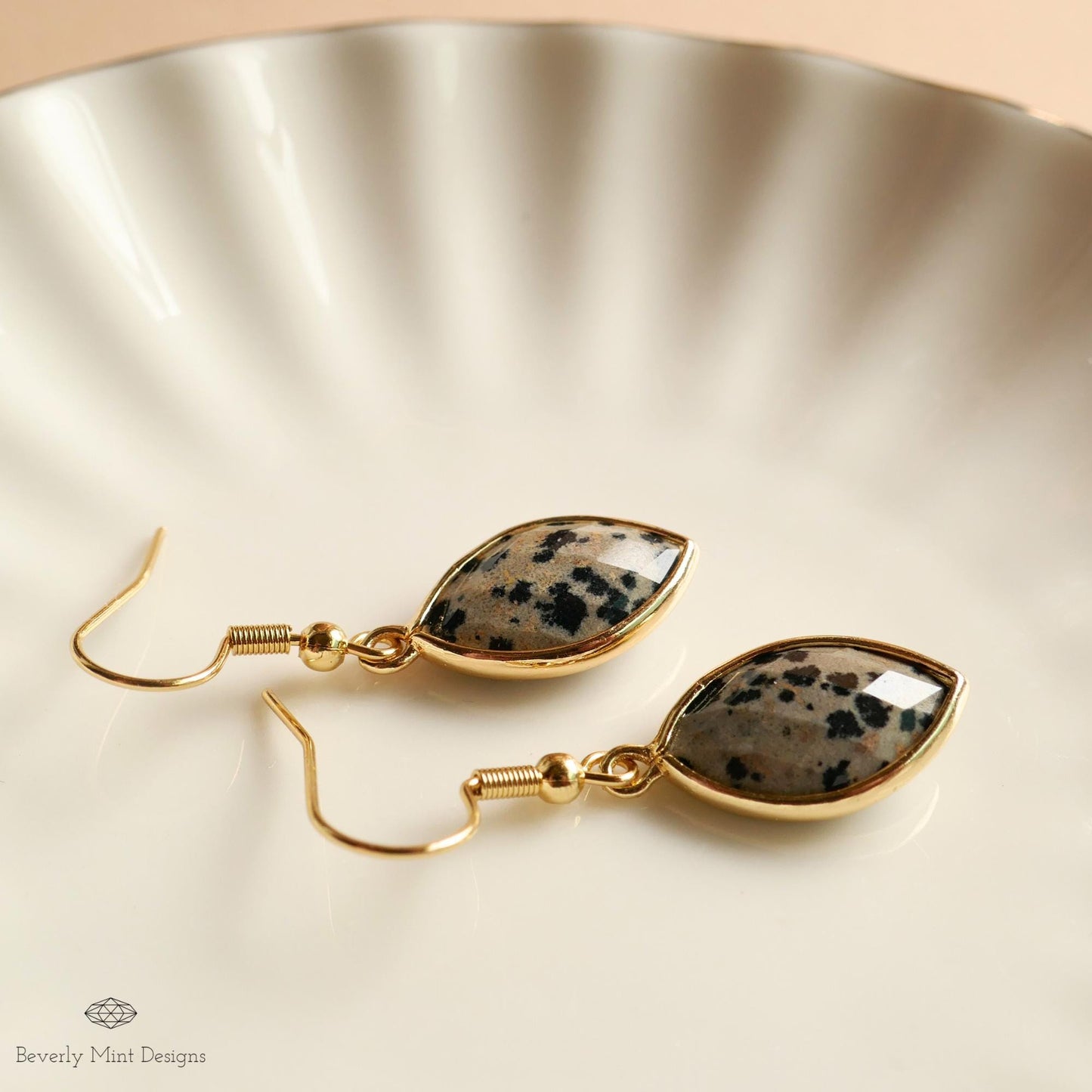 Dalmatian Jasper Hoop Earrings, Leopard Pattern Stone Earrings, Marquise Drop Earrings, Boho Jewelry, Earthy Earrings, Gift for Her