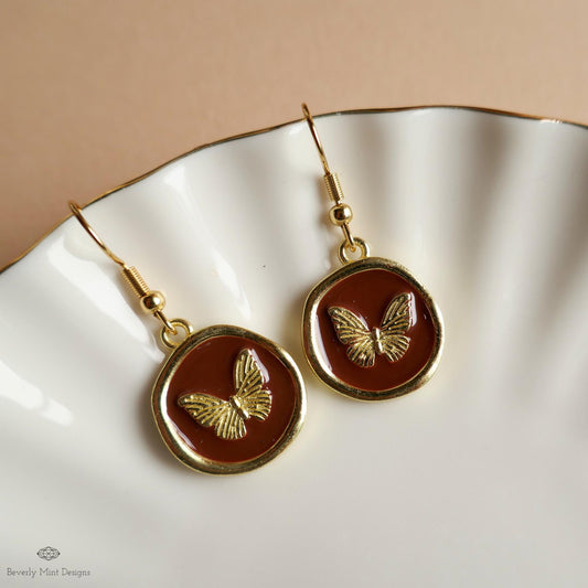 Butterfly Enamel Charm Earrings, Brown Dangle Earrings, Handmade Vintage Butterfly Jewelry, Nature Inspired Gift for Her