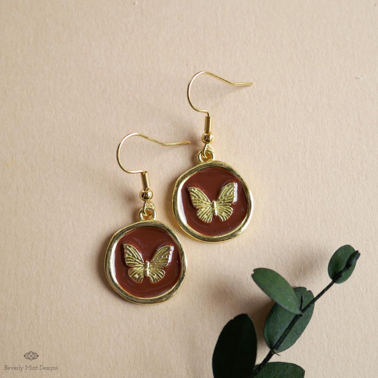 Butterfly Enamel Charm Earrings, Brown Dangle Earrings, Handmade Vintage Butterfly Jewelry, Nature Inspired Gift for Her