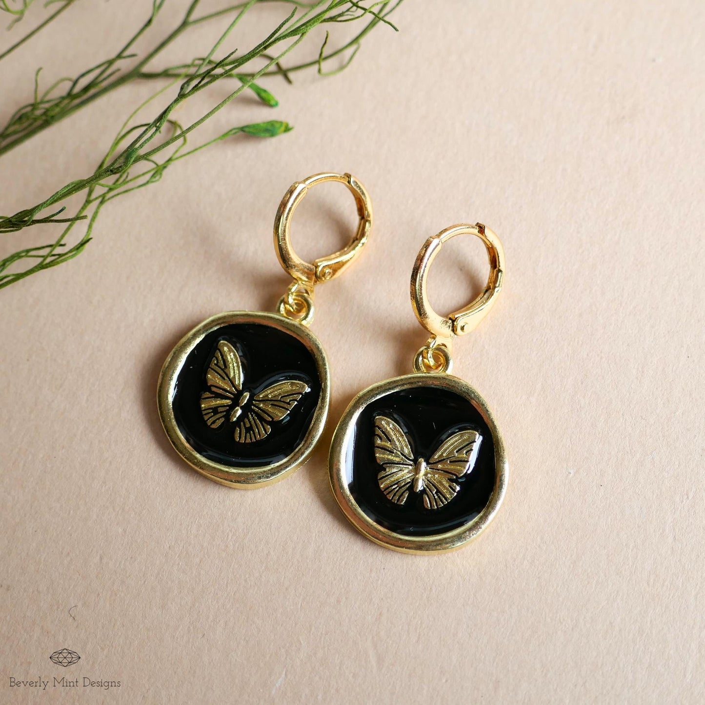 Butterfly Enamel Charm Earrings, Black and Gold Dangle Earrings, Handmade Vintage Butterfly Jewelry, Nature Inspired Gift for Her