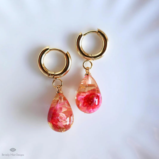 Red Flower Resin Earrings Teardrop Dangle Earrings Gold Hoop Botanical Jewelry Handmade Nature Earrings Gift for Her