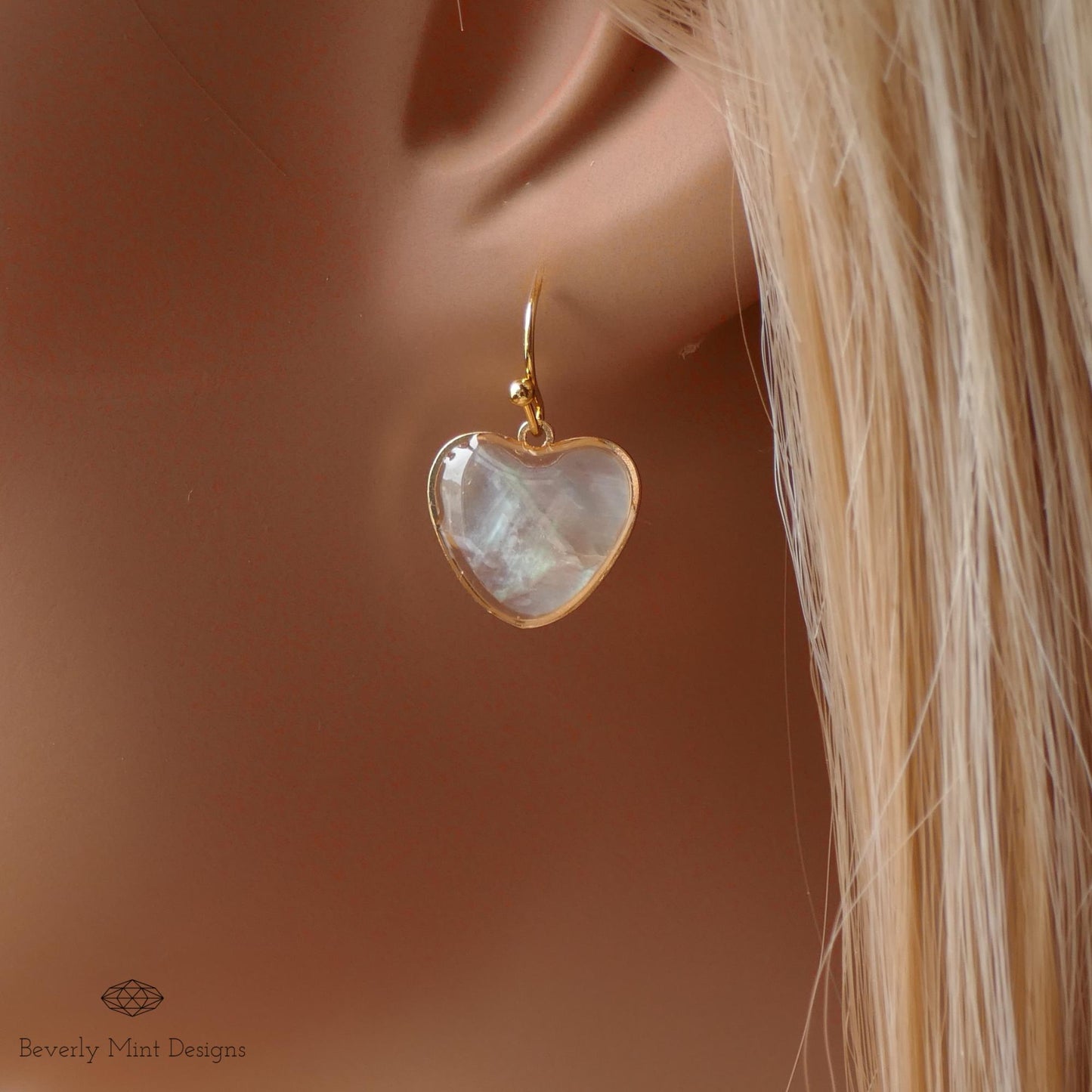 Mother of Pearl Heart Hoop Earrings, Gold Dangle Earrings, Romantic Gift for Her, Minimalist Jewelry, Bridesmaid Earrings