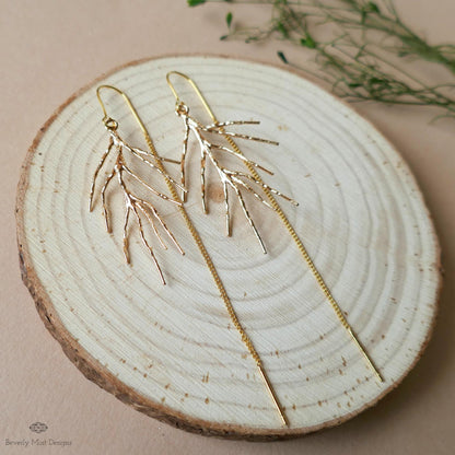 Gold Branch Threader Earrings, Long Dangle Earrings, Nature Inspired Jewelry, Minimalist Earrings, Botanical Jewelry, Gift for Her