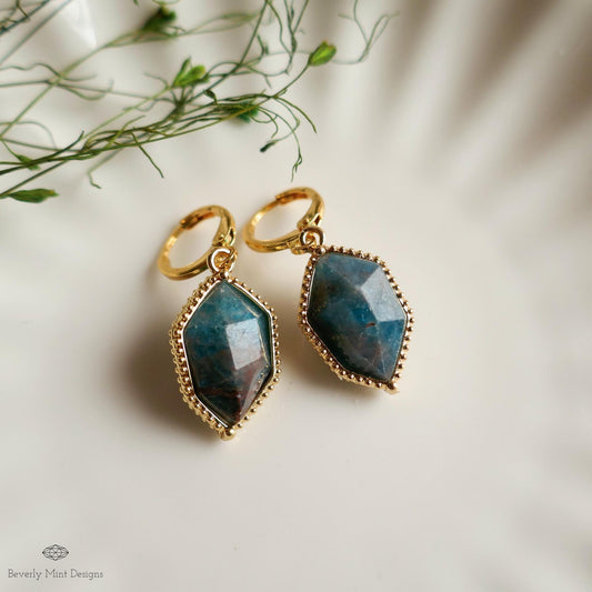 Blue Apatite Gold Hoop Earrings, Faceted Gemstone Earrings, Bold Dangle Earrings, Gift for Her, Healing Stone Jewelry, Statement Earrings