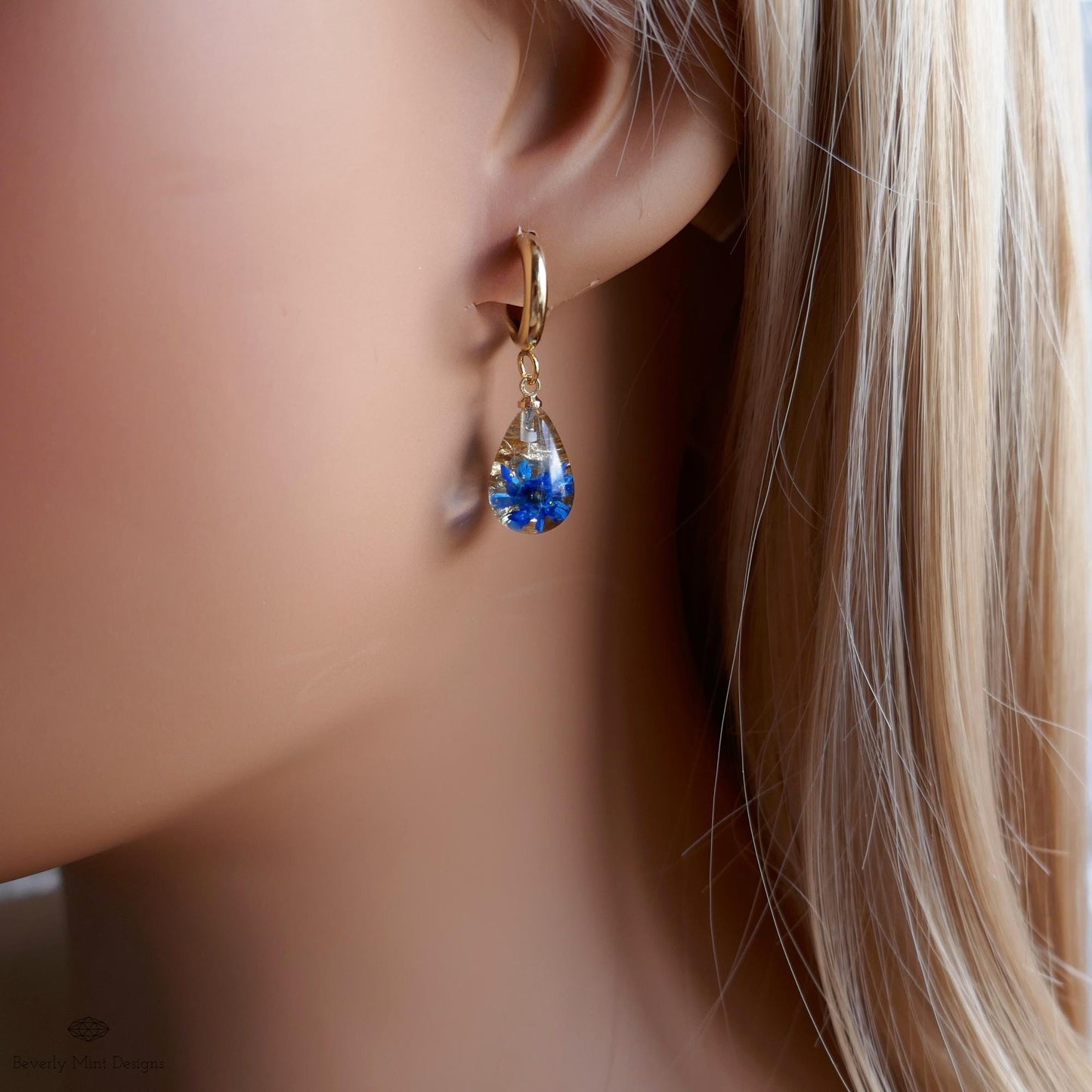 Blue Flower Resin Earrings Teardrop Dangle Earrings Gold Hoop Botanical Jewelry Handmade Nature Earrings Gift for Her