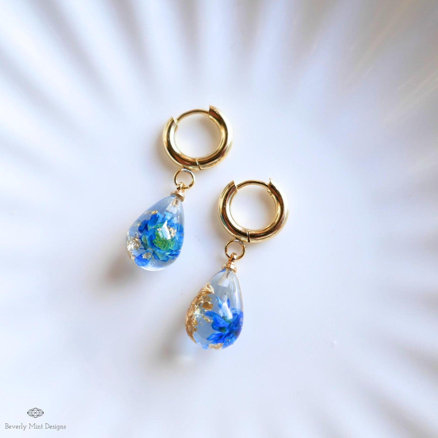 Blue Flower Resin Earrings Teardrop Dangle Earrings Gold Hoop Botanical Jewelry Handmade Nature Earrings Gift for Her