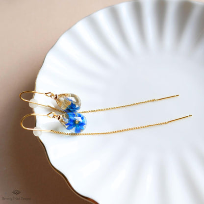 Blue Dry Flower Resin Threader Earrings Floral Drop Earrings Gold Chain Botanical Jewelry Dainty Handmade Earrings Gift , Blue Earrings