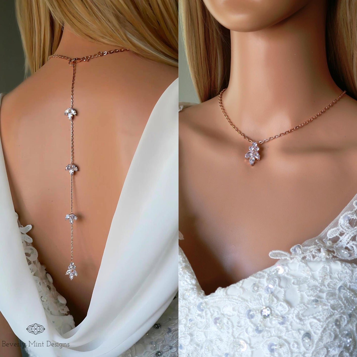 Rose Gold Back Necklace for Wedding, Backdrop Necklace, Cubic Zirconia Backdrop Necklace Wedding, Bridal Gift, Gift For Her