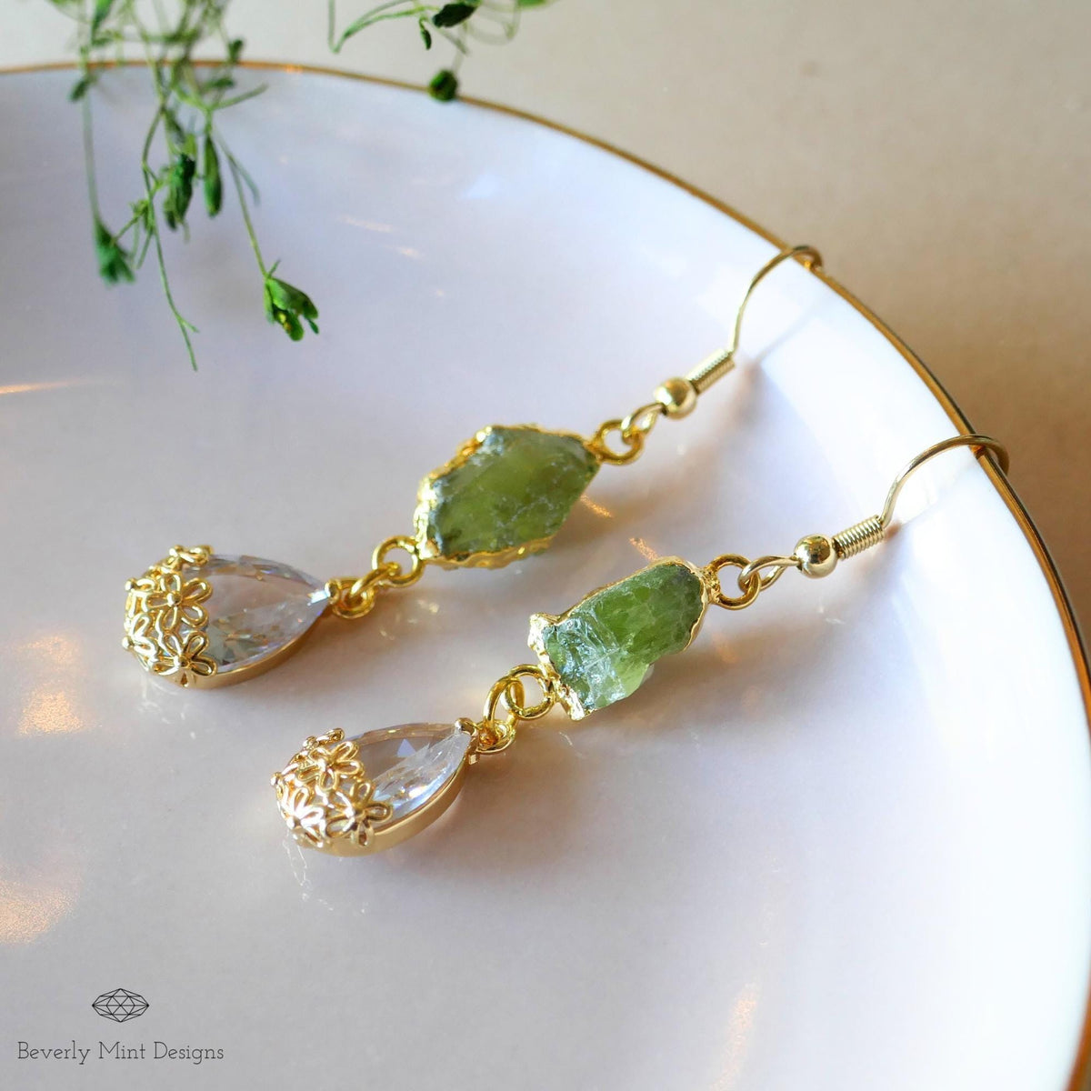 Raw Peridot Earrings, August Birthstone Gift, Green Drop Earrings, Gold Dangle Earrings, Sensitive Ear & Clip-On Options