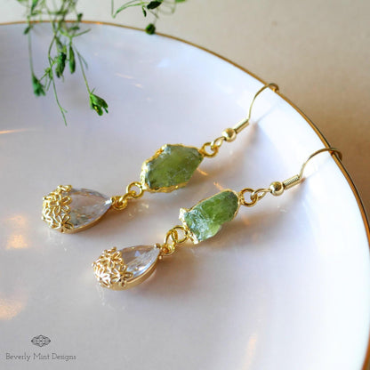 Raw Peridot Earrings, August Birthstone Gift, Green Drop Earrings, Gold Dangle Earrings, Sensitive Ear & Clip-On Options