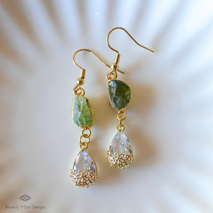 Raw Peridot Earrings, August Birthstone Gift, Green Drop Earrings, Gold Dangle Earrings, Sensitive Ear & Clip-On Options