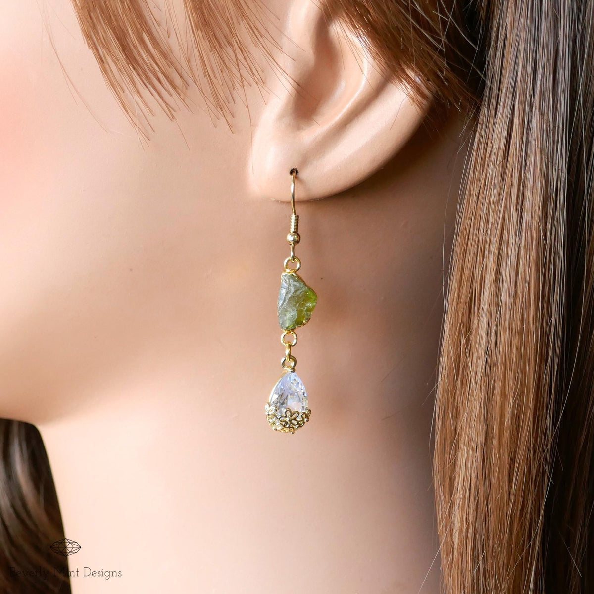 Raw Peridot Earrings, August Birthstone Gift, Green Drop Earrings, Gold Dangle Earrings, Sensitive Ear & Clip-On Options