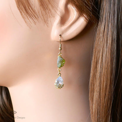 Raw Peridot Earrings, August Birthstone Gift, Green Drop Earrings, Gold Dangle Earrings, Sensitive Ear & Clip-On Options