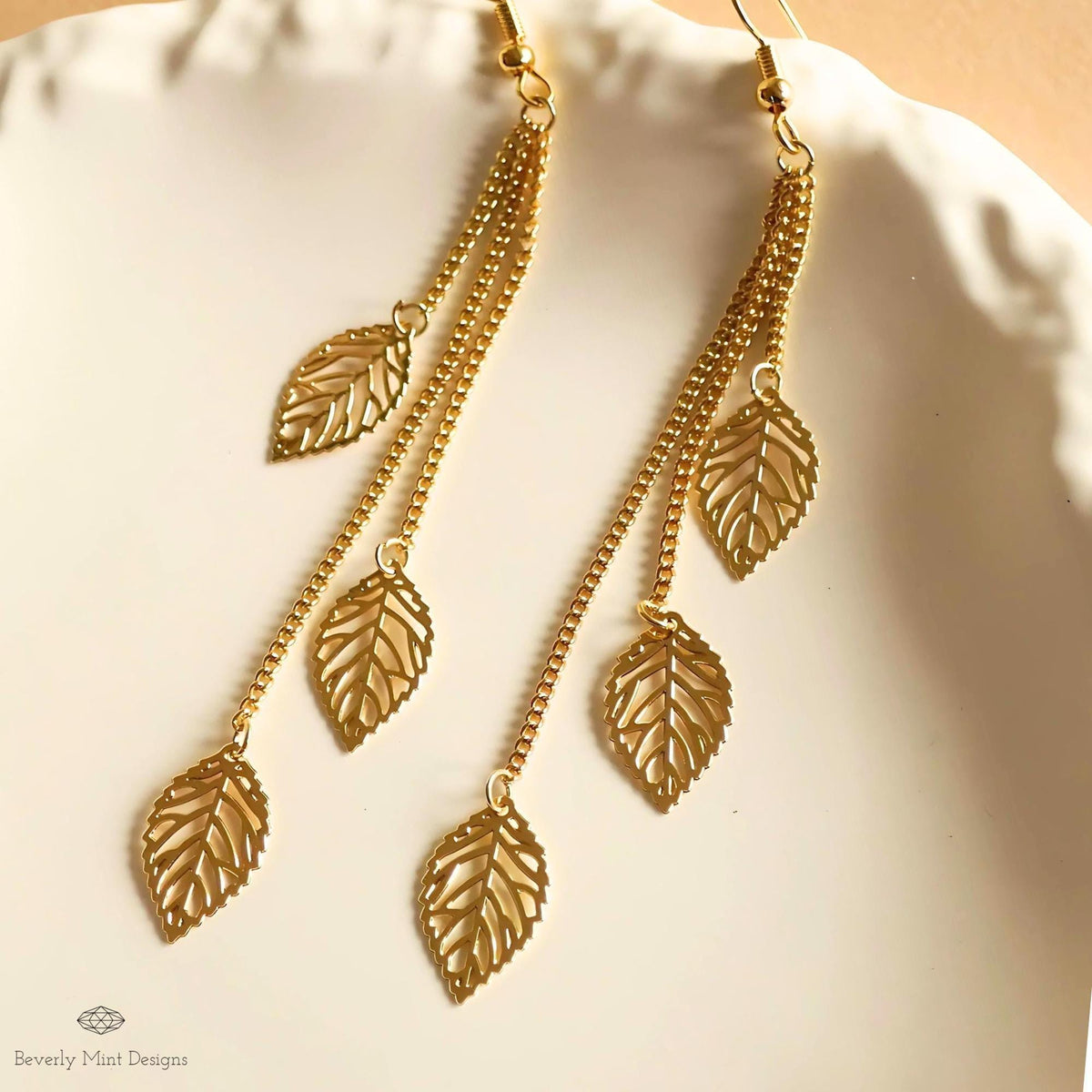 Leaf Earrings, Golden Leaves Drop Earrings, Threader Earrings, Long Boho Earrings, Lightweight Jewelry, Sensitive Ear & Clip-On Options