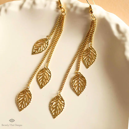 Leaf Earrings, Golden Leaves Drop Earrings, Threader Earrings, Long Boho Earrings, Lightweight Jewelry, Sensitive Ear & Clip-On Options