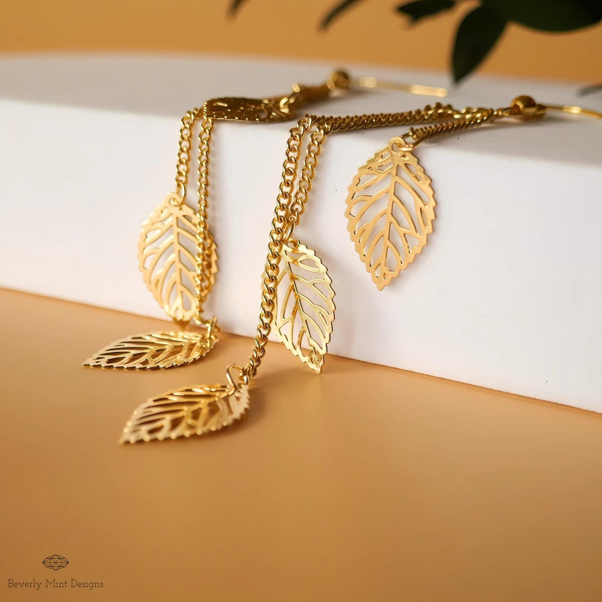 Leaf Earrings, Golden Leaves Drop Earrings, Threader Earrings, Long Boho Earrings, Lightweight Jewelry, Sensitive Ear & Clip-On Options