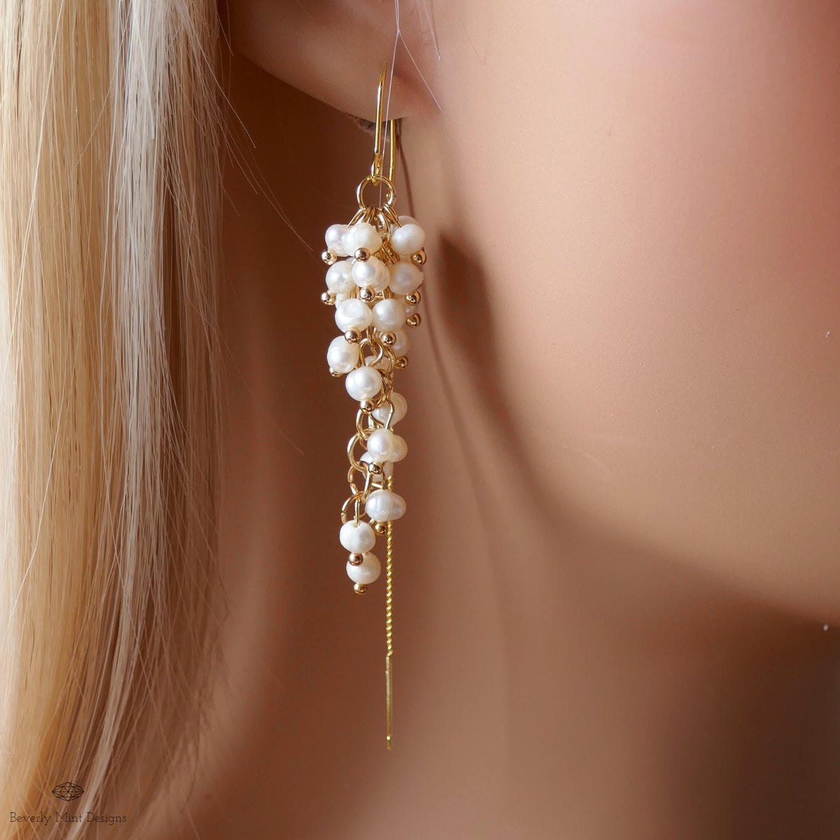 Pearl Cluster Threader Earrings, Long Statement Drop Earrings, Gold Chain Bridal Jewelry, Elegant, Sensitive Ear & Clip-On Options