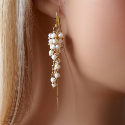 Pearl Cluster Threader Earrings, Long Statement Drop Earrings, Gold Chain Bridal Jewelry, Elegant, Sensitive Ear & Clip-On Options