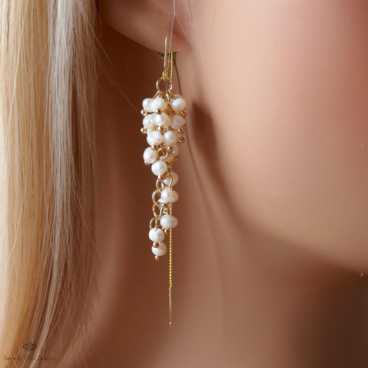 Pearl Cluster Threader Earrings, Long Statement Drop Earrings, Gold Chain Bridal Jewelry, Elegant, Sensitive Ear & Clip-On Options