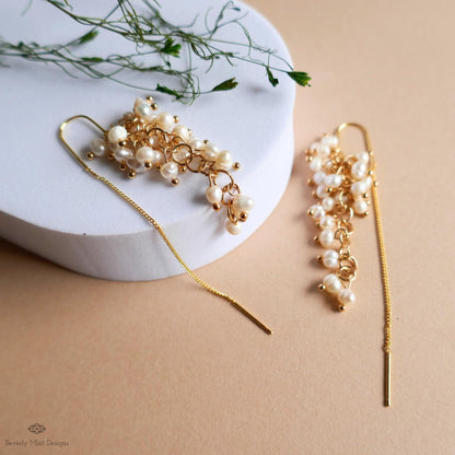 Pearl Cluster Threader Earrings, Long Statement Drop Earrings, Gold Chain Bridal Jewelry, Elegant, Sensitive Ear & Clip-On Options