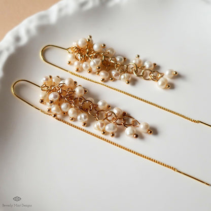 Pearl Cluster Threader Earrings, Long Statement Drop Earrings, Gold Chain Bridal Jewelry, Elegant, Sensitive Ear & Clip-On Options