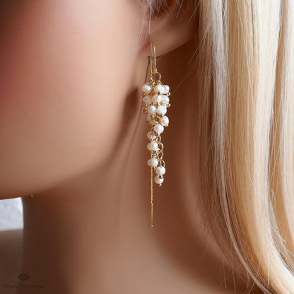 Pearl Cluster Threader Earrings, Long Statement Drop Earrings, Gold Chain Bridal Jewelry, Elegant, Sensitive Ear & Clip-On Options