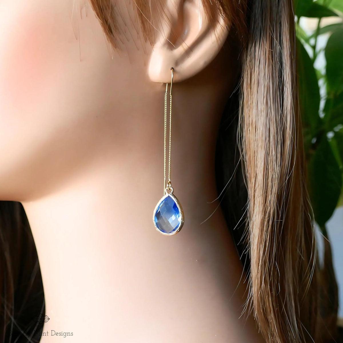 Blue and Green Teardrop Earrings, Blue Ombre Threader Earrings, Elegant Teardrop Earrings, Sensitive Ear & Clip-On Options