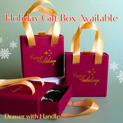 three red gift boxes with gold ribbons, each labeled "Happy Holidays" and "DRAWER with Handle", suggesting they are holiday gift boxes available for purchase.