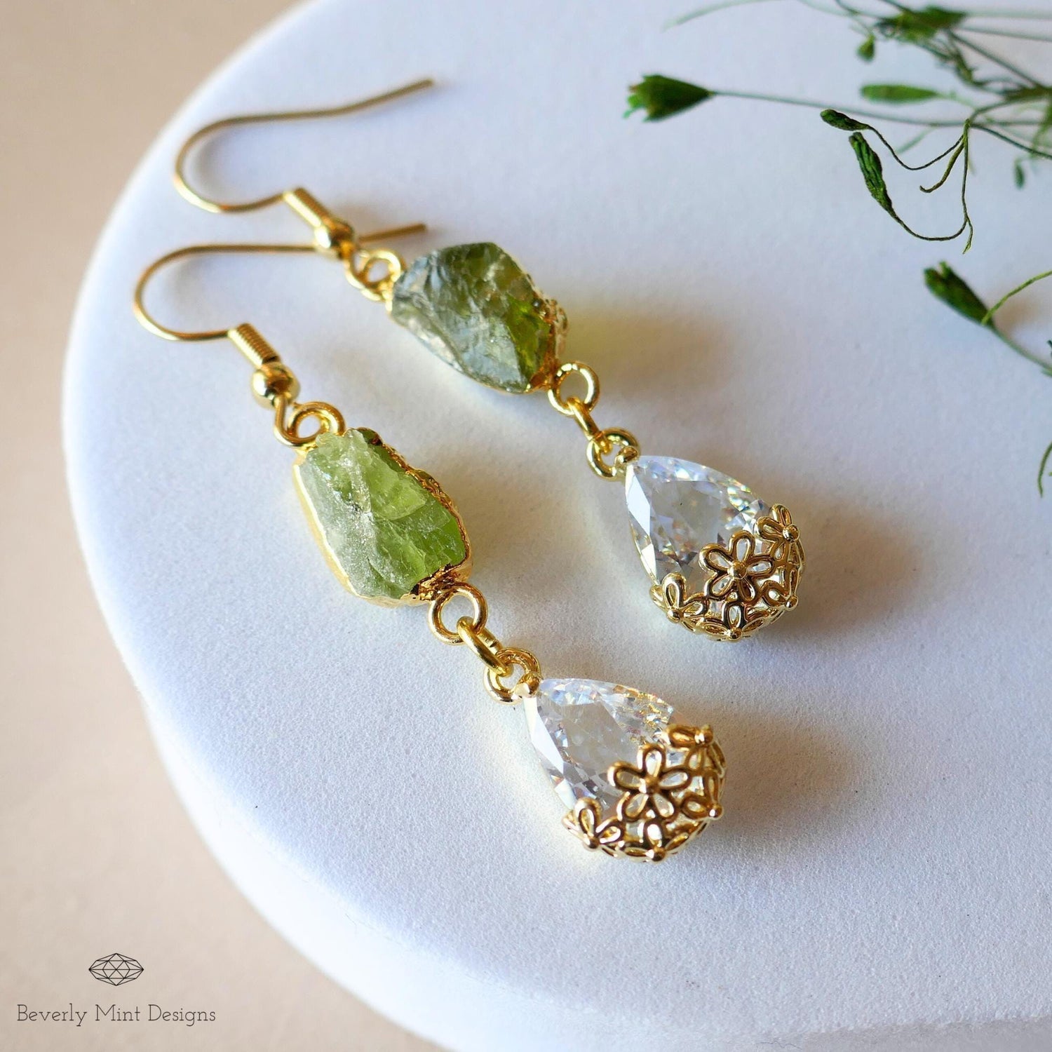Raw Peridot Earrings, August Birthstone Gift, Green Drop Earrings, Gold Dangle Earrings, Sensitive Ear & Clip-On Options