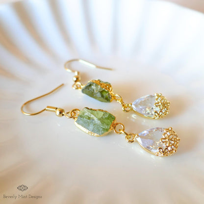 Raw Peridot Earrings, August Birthstone Gift, Green Drop Earrings, Gold Dangle Earrings, Sensitive Ear & Clip-On Options
