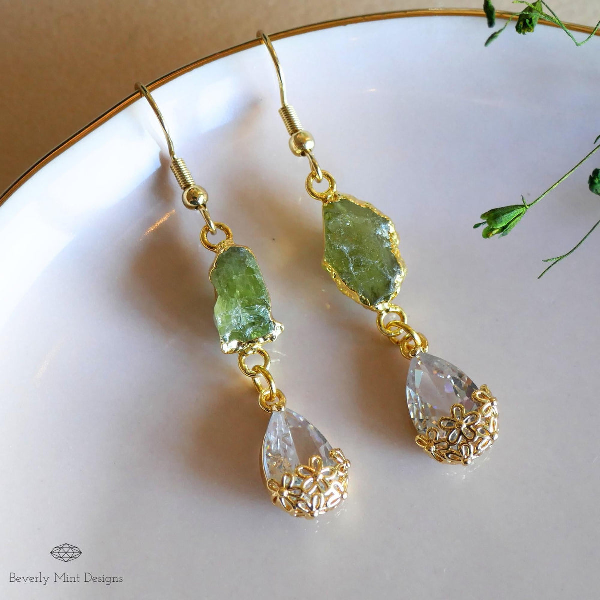 Raw Peridot Earrings, August Birthstone Gift, Green Drop Earrings, Gold Dangle Earrings, Sensitive Ear & Clip-On Options