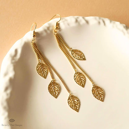 Leaf Earrings, Golden Leaves Drop Earrings, Threader Earrings, Long Boho Earrings, Lightweight Jewelry, Sensitive Ear & Clip-On Options