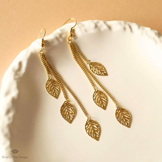 Leaf Earrings, Golden Leaves Drop Earrings, Threader Earrings, Long Boho Earrings, Lightweight Jewelry, Sensitive Ear & Clip-On Options