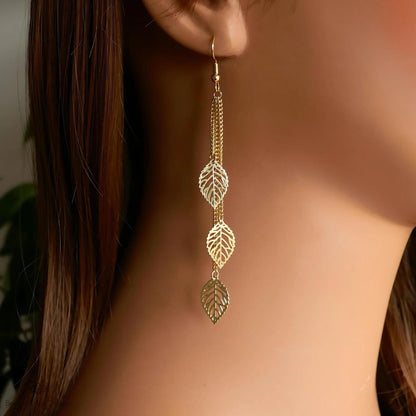 Leaf Earrings, Golden Leaves Drop Earrings, Threader Earrings, Long Boho Earrings, Lightweight Jewelry, Sensitive Ear & Clip-On Options