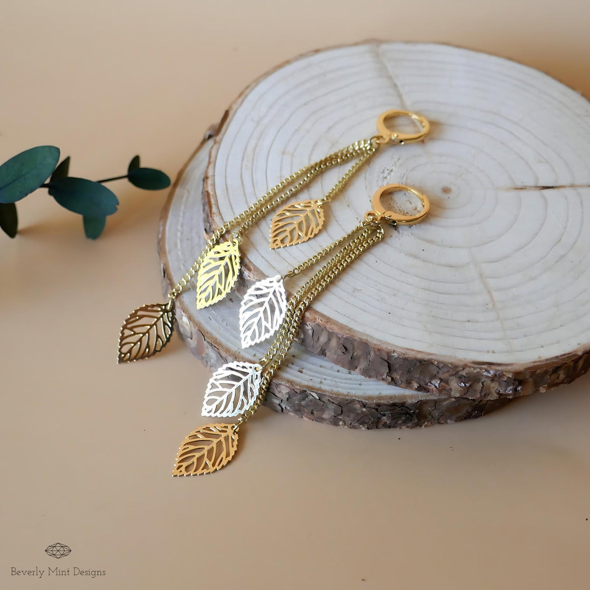 18K Gold Long Tassel Earrings , Leaf Gold Chain Earrings, Threader earrings, Long Gold Earrings, Wedding, Bride