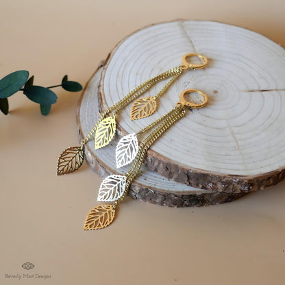 18K Gold Long Tassel Earrings , Leaf Gold Chain Earrings, Threader earrings, Long Gold Earrings, Wedding, Bride