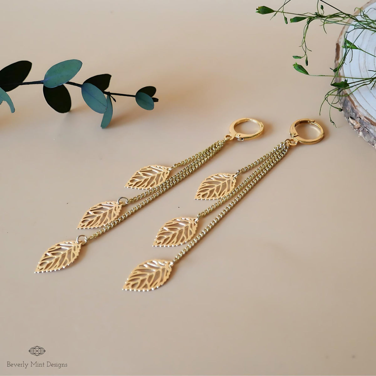 18K Gold Long Tassel Earrings , Leaf Gold Chain Earrings, Threader earrings, Long Gold Earrings, Wedding, Bride