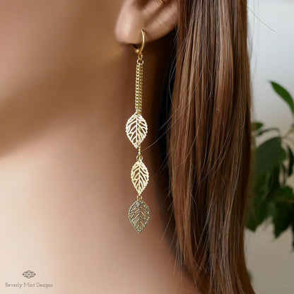 18K Gold Long Tassel Earrings , Leaf Gold Chain Earrings, Threader earrings, Long Gold Earrings, Wedding, Bride