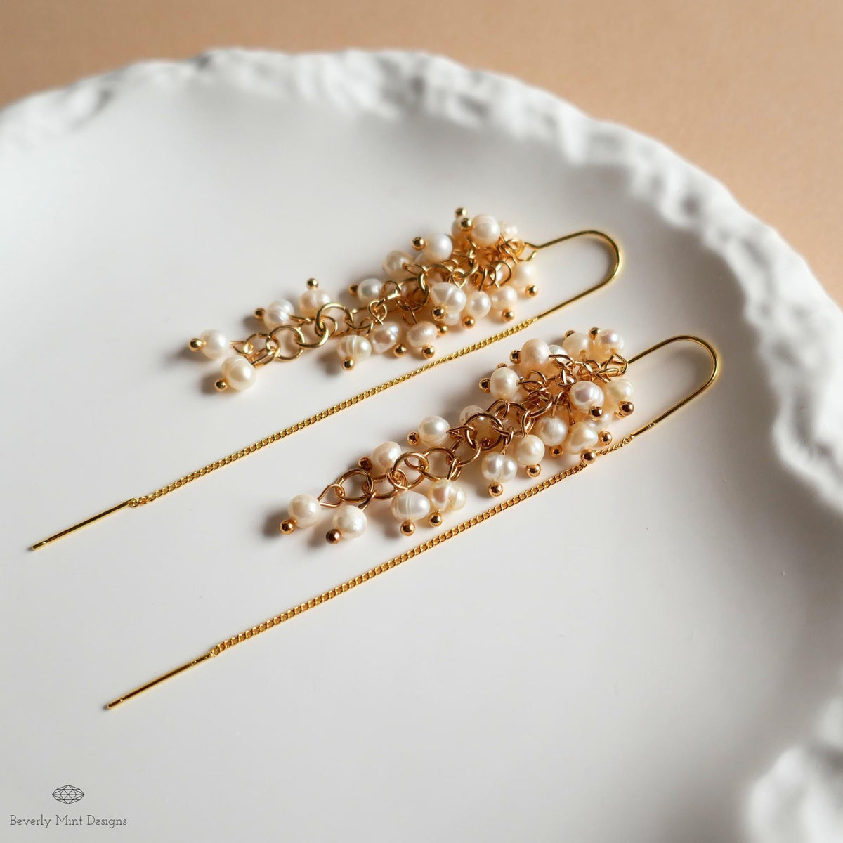 Pearl Cluster Threader Earrings, Long Statement Drop Earrings, Gold Chain Bridal Jewelry, Elegant, Sensitive Ear & Clip-On Options